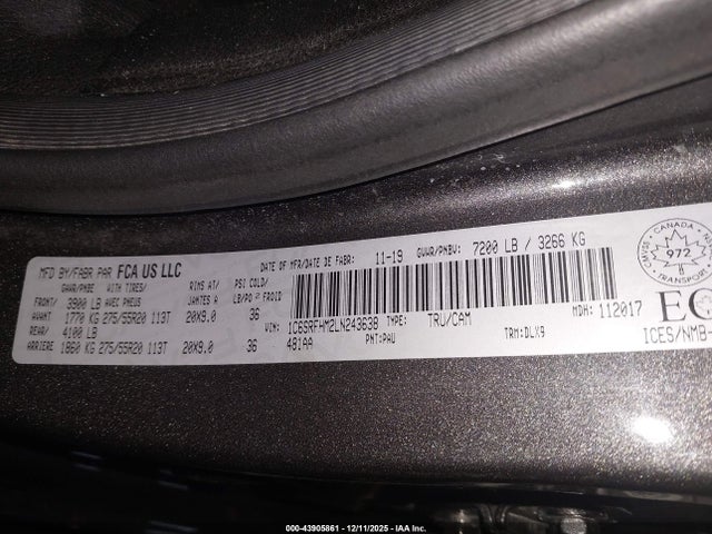 43905861 :رقم المزاد ، 1C6SRFHM2LN243638 vin ، 2020 Ram 1500 Limited مزاد بيع