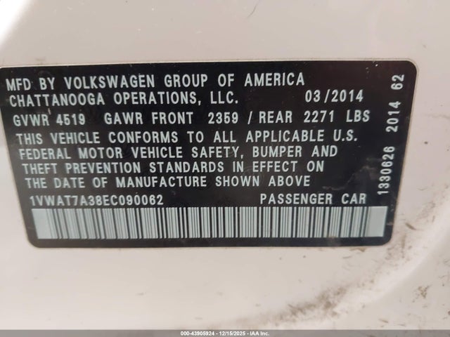 1VWAT7A38EC090062 Volkswagen Passat 1.8t Wolfsburg Edition
