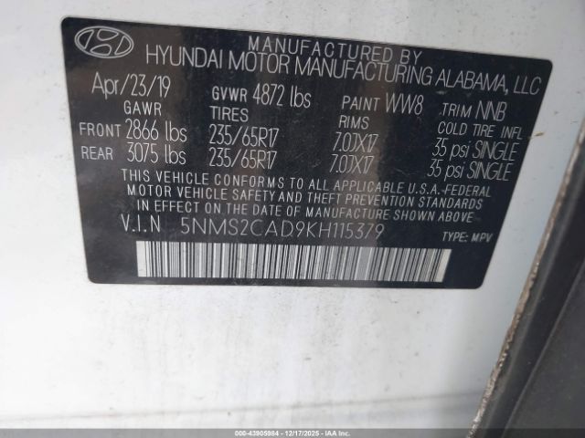 2019 HYUNDAI SANTA FE 5NMS2CAD9KH115379 Photo 8