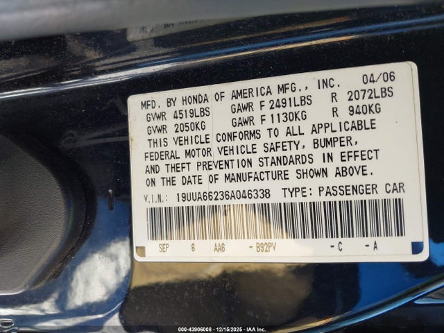43906008 :رقم المزاد ، 19UUA66236A046338 vin ، 2006 Acura Tl مزاد بيع