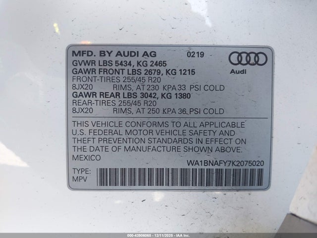 Продажа на аукционе авто 2019 Audi Q5 45 Premium, vin: WA1BNAFY7K2075020, номер лота: 43906065