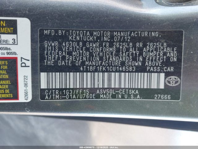 2012 TOYOTA CAMRY 4T1BF1FK1CU146583 Photo 8