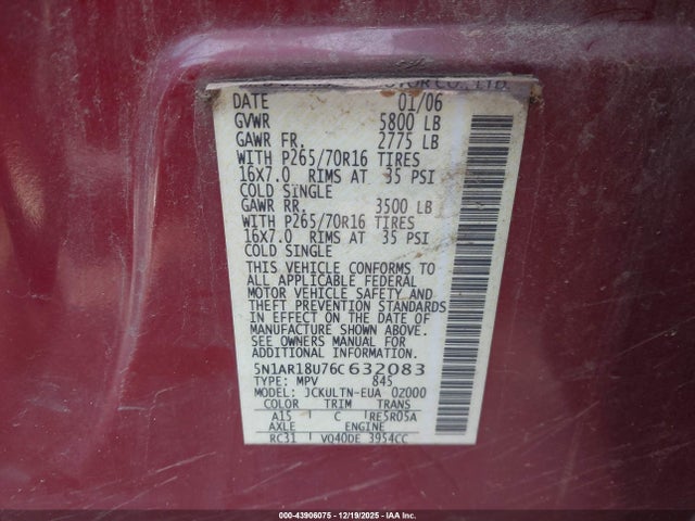 43906075 :رقم المزاد ، 5N1AR18U76C632083 vin ، 2006 Nissan Pathfinder Se مزاد بيع