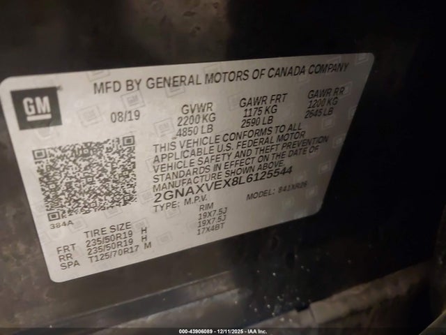 Продаж на аукціоні авто 2020 Chevrolet Equinox Awd Lt 2.0l Turbo, vin: 2GNAXVEX8L6125544, номер лоту: 43906089