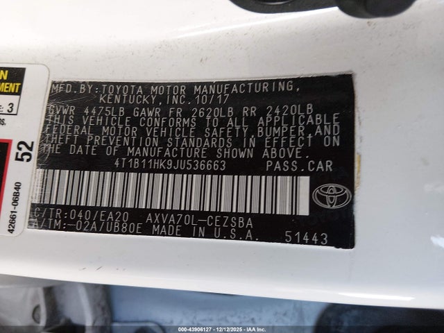 4T1B11HK9JU536663 Toyota CAMRY SE