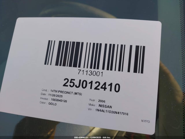 Продаж на аукціоні авто 2006 Nissan Altima 2.5 S, vin: 1N4AL11D26N417916, номер лоту: 43906131