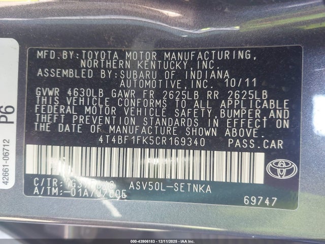 Aukcja sprzedaży 2012 Toyota Camry Le, vin: 4T4BF1FK5CR169340, numer aukcji: 43906183