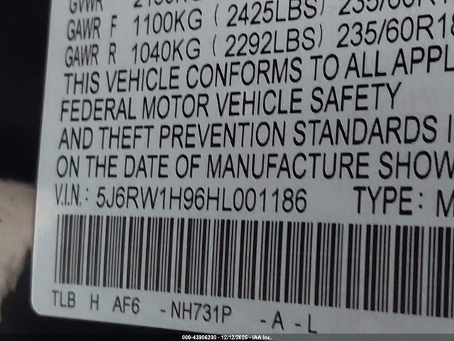 5J6RW1H96HL001186 Honda Cr-v Touring