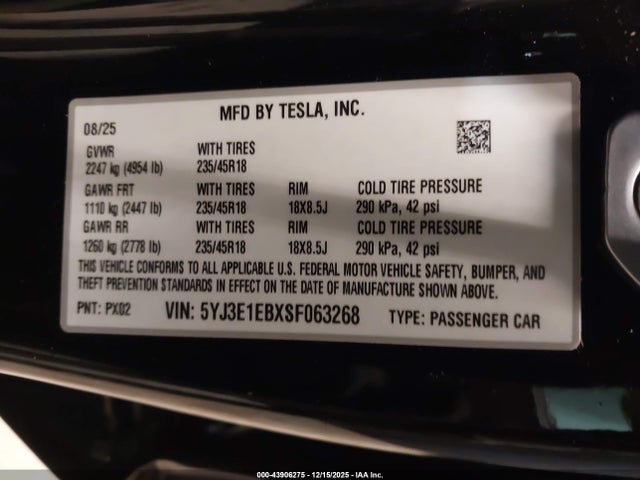 43906275 :رقم المزاد ، 5YJ3E1EBXSF063268 vin ، 2025 Tesla Model 3 Long Range All-wheel Drive مزاد بيع