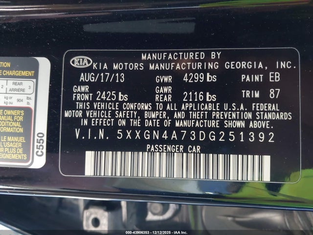 Auction sale of the 2013 Kia Optima Ex, vin: 5XXGN4A73DG251392, lot number: 43906353