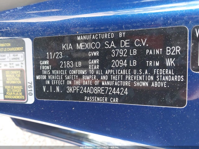 43906477 :رقم المزاد ، 3KPF24AD8RE724424 vin ، 2024 Kia Forte Lxs مزاد بيع