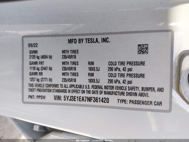 Tesla Model 3 Rear-wheel Drive 2022 5YJ3E1EA7NF361420 Image 9