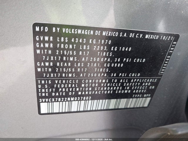 2022 Volkswagen Taos 1.5t S მანქანა იყიდება აუქციონზე, vin: 3VVCX7B22NM037802, აუქციონის ნომერი: 43906592
