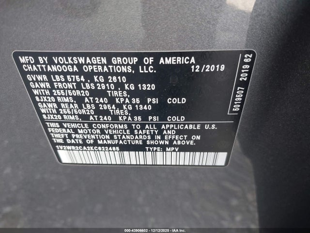 2019 Volkswagen Atlas 3.6l V6 Se W/technology მანქანა იყიდება აუქციონზე, vin: 1V2WR2CA2KC622485, აუქციონის ნომერი: 43906602