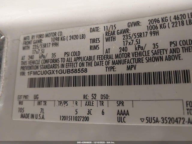 1FMCU0GX1GUB58558 Ford ESCAPE SE