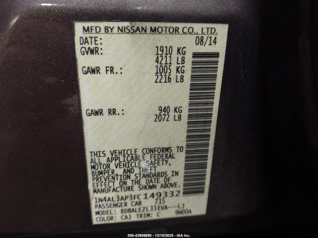 43906690 :رقم المزاد ، 1N4AL3AP3FC149332 vin ، 2015 Nissan Altima 2.5 S مزاد بيع