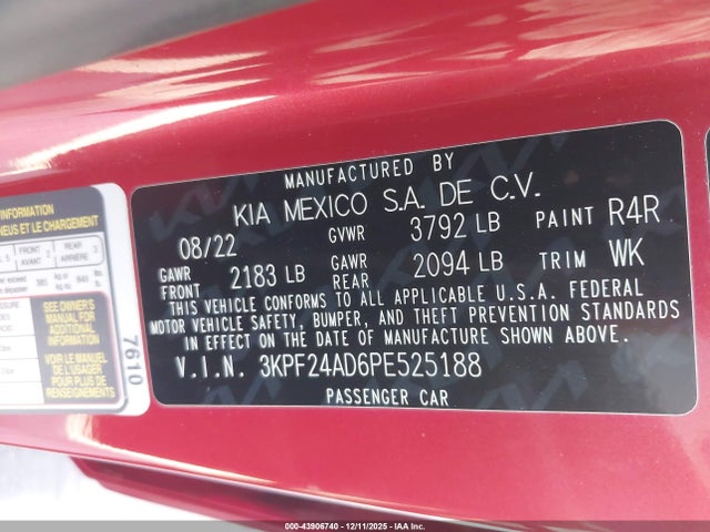 3KPF24AD6PE525188 KIA Forte Lxs