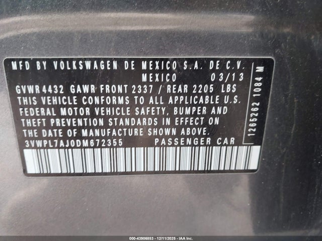 Продаж на аукціоні авто 2013 Volkswagen Jetta Sportwagen 2.0l Tdi, vin: 3VWPL7AJ0DM672355, номер лоту: 43906853