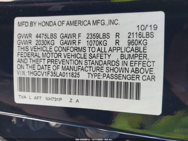 2020 HONDA ACCORD 1HGCV1F35LA011825 Photo 8