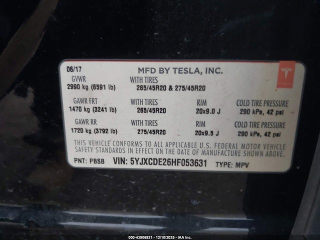 Tesla Model X 100d/75d/90d 2017 5YJXCDE26HF053631 Image 9