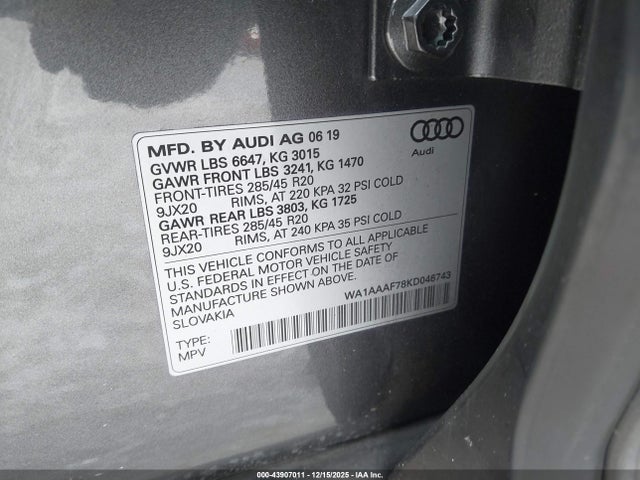 Aukcja sprzedaży 2019 Audi Q7 55 Premium/55 Se Premium, vin: WA1AAAF78KD046743, numer aukcji: 43907011