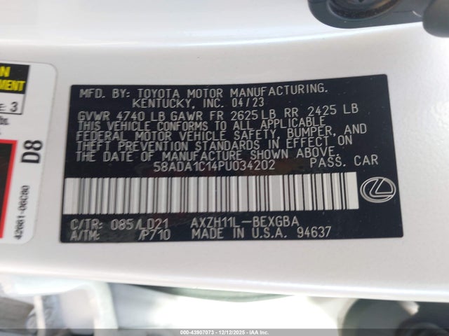 Продаж на аукціоні авто 2023 Lexus Es 300h, vin: 58ADA1C14PU034202, номер лоту: 43907073