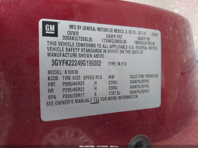 2009 CADILLAC ESCALADE EXT 3GYFK22249G199362 Photo 8