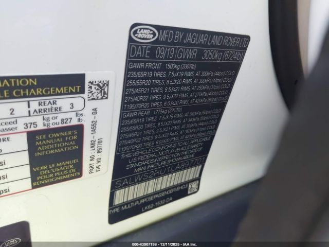 2020 LAND ROVER RANGE ROVER SPORT SALWS2RU1LA897701 Photo 8