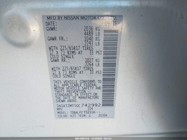 Nissan Rogue S/sl/sv 2016 5N1AT2MT5GC742992 Image 9