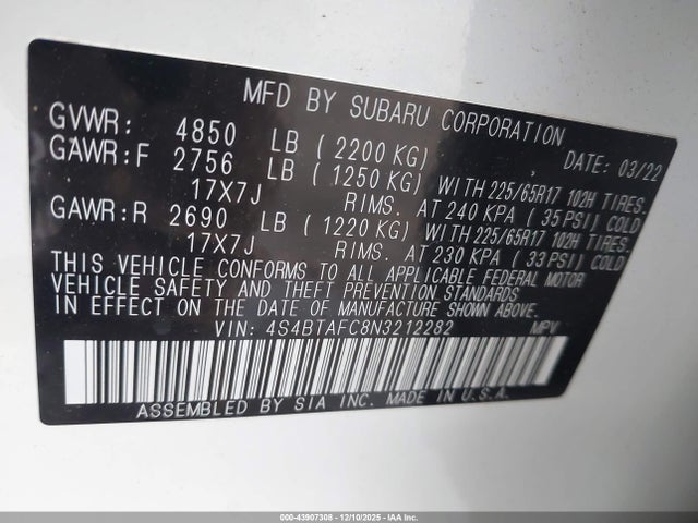 4S4BTAFC8N3212282 Subaru Outback Pr