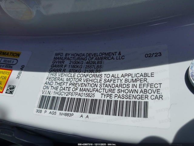 1HGCY2F67PA015825 Honda Accord Hybrid Ex-l