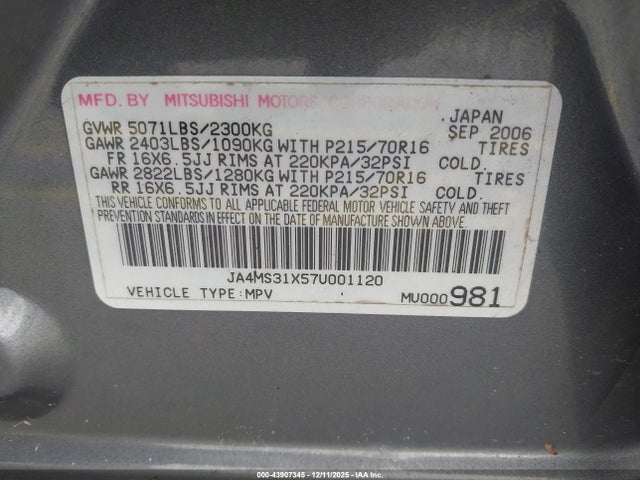 Продаж на аукціоні авто 2007 Mitsubishi Outlander Es/ls, vin: JA4MS31X57U001120, номер лоту: 43907345