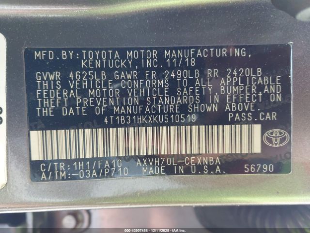 2019 TOYOTA CAMRY HYBRID 4T1B31HKXKU510519 Photo 8