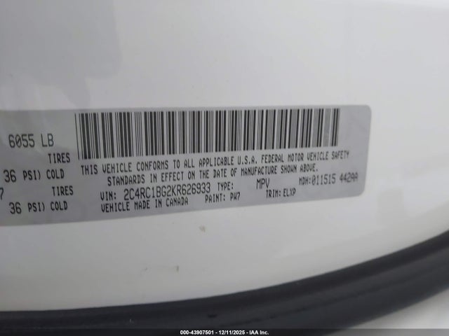 Продажа на аукционе авто 2019 Chrysler Pacifica Touring L, vin: 2C4RC1BG2KR626933, номер лота: 43907501