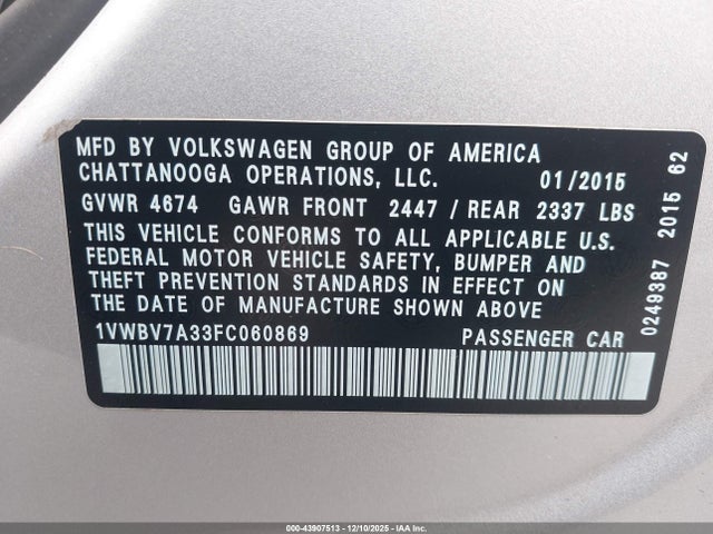 Продажа на аукционе авто 2015 Volkswagen Passat 2.0l Tdi Se, vin: 1VWBV7A33FC060869, номер лота: 43907513