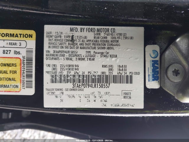Ford FUSION SE 2020 3FA6P0T94LR150557 Image 9