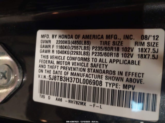 2013 Acura Rdx მანქანა იყიდება აუქციონზე, vin: 5J8TB3H37DL006908, აუქციონის ნომერი: 43907623