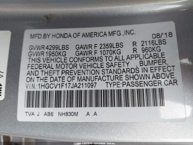 2018 HONDA ACCORD 1HGCV1F17JA211097 Photo 8