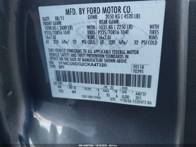 2012 FORD ESCAPE 1FMCU0DG2CKA47320 Photo 8