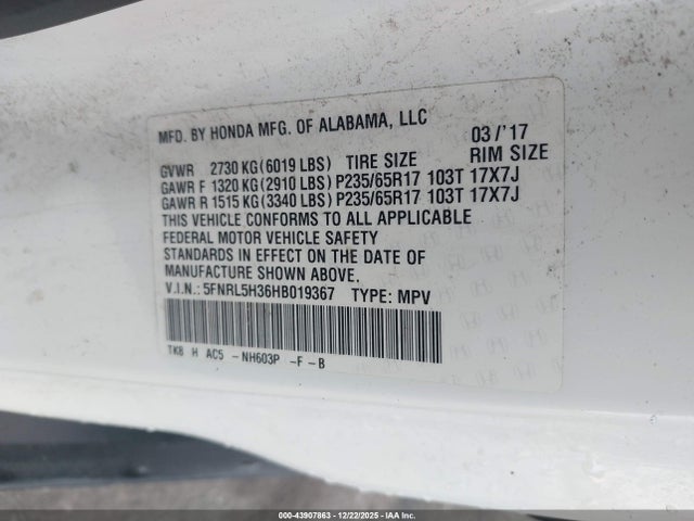 2017 Honda Odyssey Se მანქანა იყიდება აუქციონზე, vin: 5FNRL5H36HB019367, აუქციონის ნომერი: 43907863