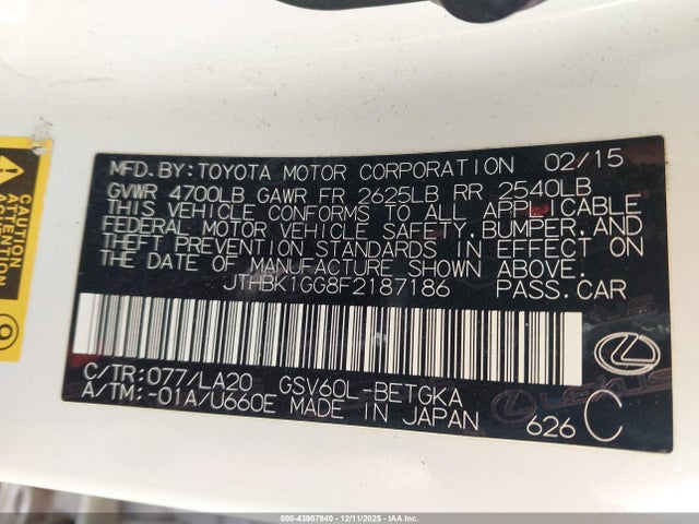Продажа на аукционе авто 2015 Lexus Es 350, vin: JTHBK1GG8F2187186, номер лота: 43907940