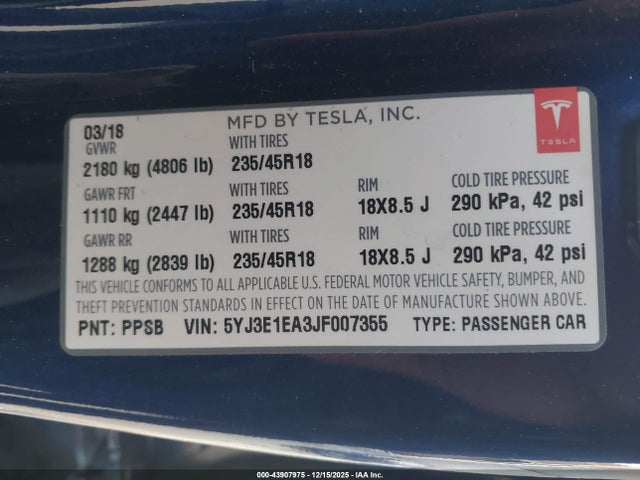 2018 TESLA MODEL 3 5YJ3E1EA3JF007355 Photo 8