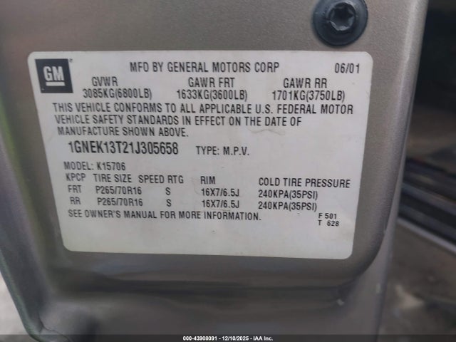 43908091 :رقم المزاد ، 1GNEK13T21J305658 vin ، 2001 Chevrolet Tahoe Lt مزاد بيع
