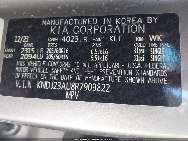 43908138 :رقم المزاد ، KNDJ23AU8R7909822 vin ، 2024 Kia Soul Lx مزاد بيع