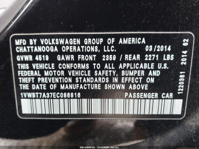 2014 VOLKSWAGEN PASSAT 1VWBT7A37EC086816 Photo 8