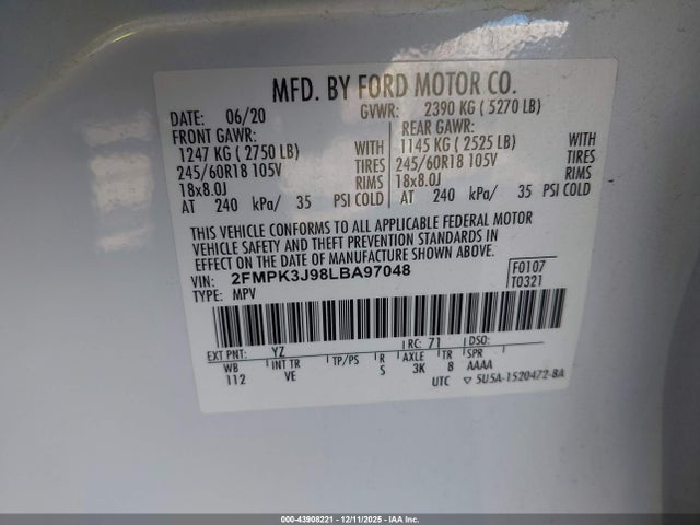 Ford EDGE SEL 2020 2FMPK3J98LBA97048 Image 9