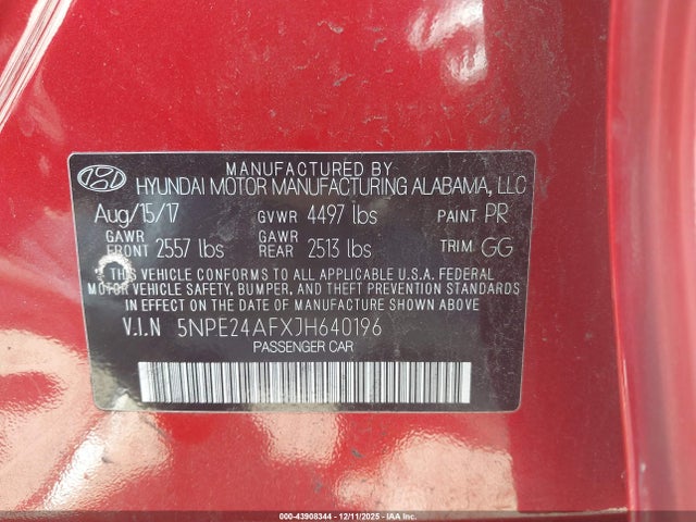 Aukcja sprzedaży 2018 Hyundai Sonata Se, vin: 5NPE24AFXJH640196, numer aukcji: 43908344