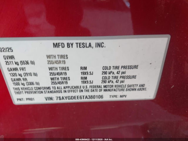 Aukcja sprzedaży 2026 Tesla Model Y Long Range Dual Motor All-wheel Drive/long Range Launch Series, vin: 7SAYGDEE6TA380106, numer aukcji: 43908422