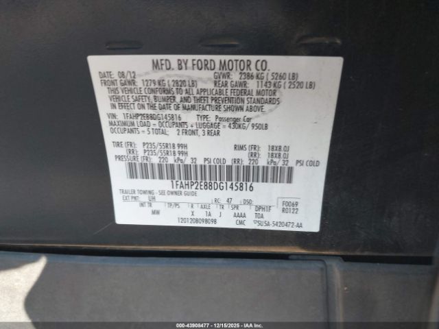 2013 FORD TAURUS 1FAHP2E88DG145816 Photo 8