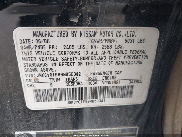 Продажа на аукционе авто 2009 Infiniti M35x, vin: JNKCY01F69M850342, номер лота: 43908541